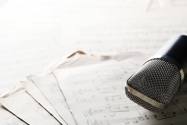 Microphone resting on musical notes written on paper