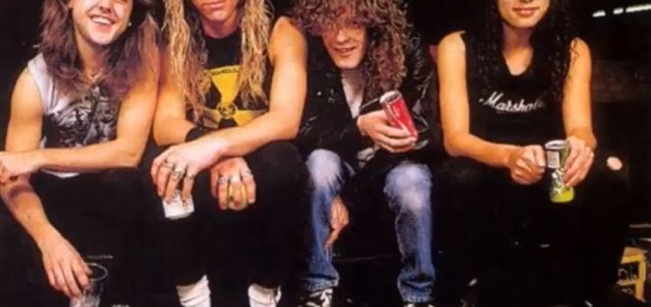 Metallica members holding the beverages and sitting on the stairs