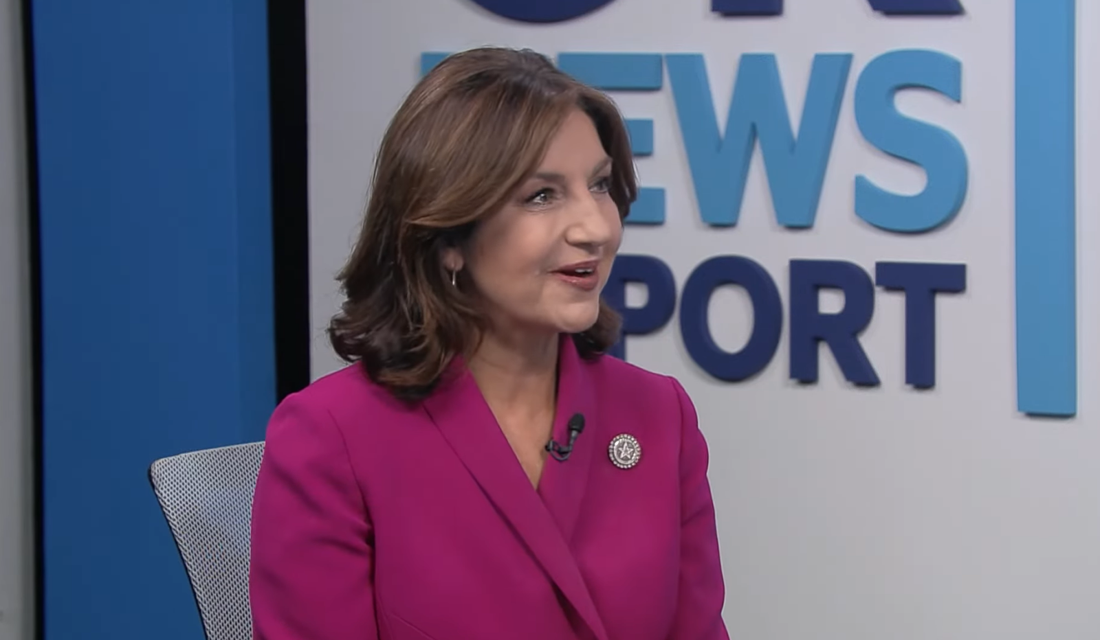 Joy Hofmeister in a dark pink suit sitting in a chair, smiling and looking at the side