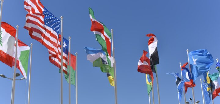 avenue of flags of different countries on flagpoles