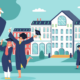 students in hats and master degree suits near the university
