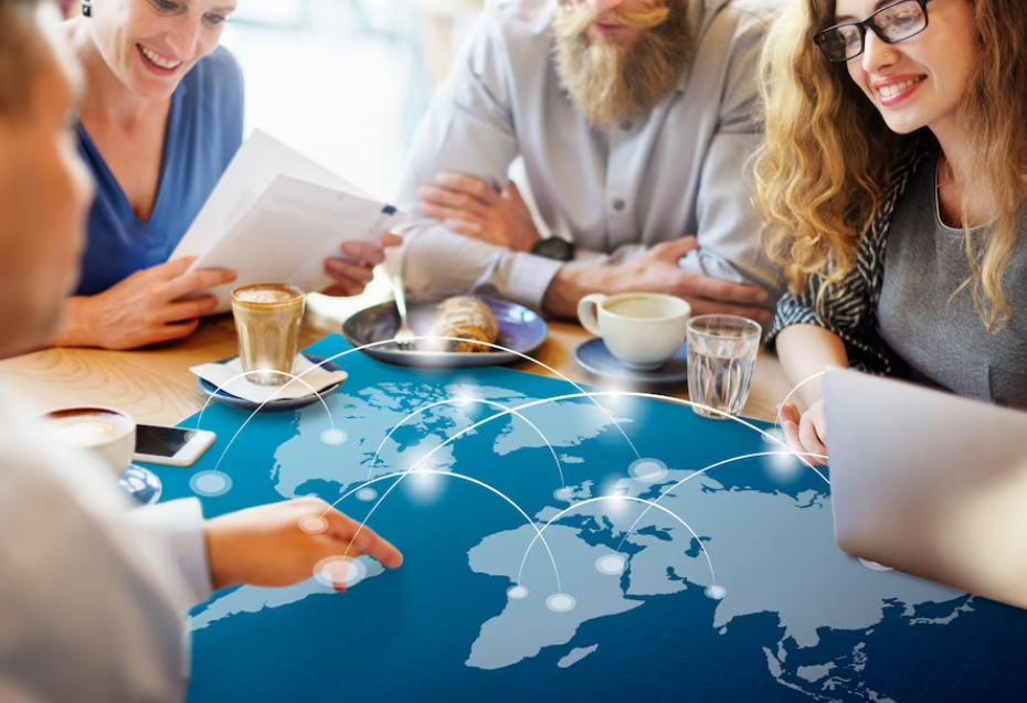 people sitting near the big globe with coffee and water, lines connecting continents